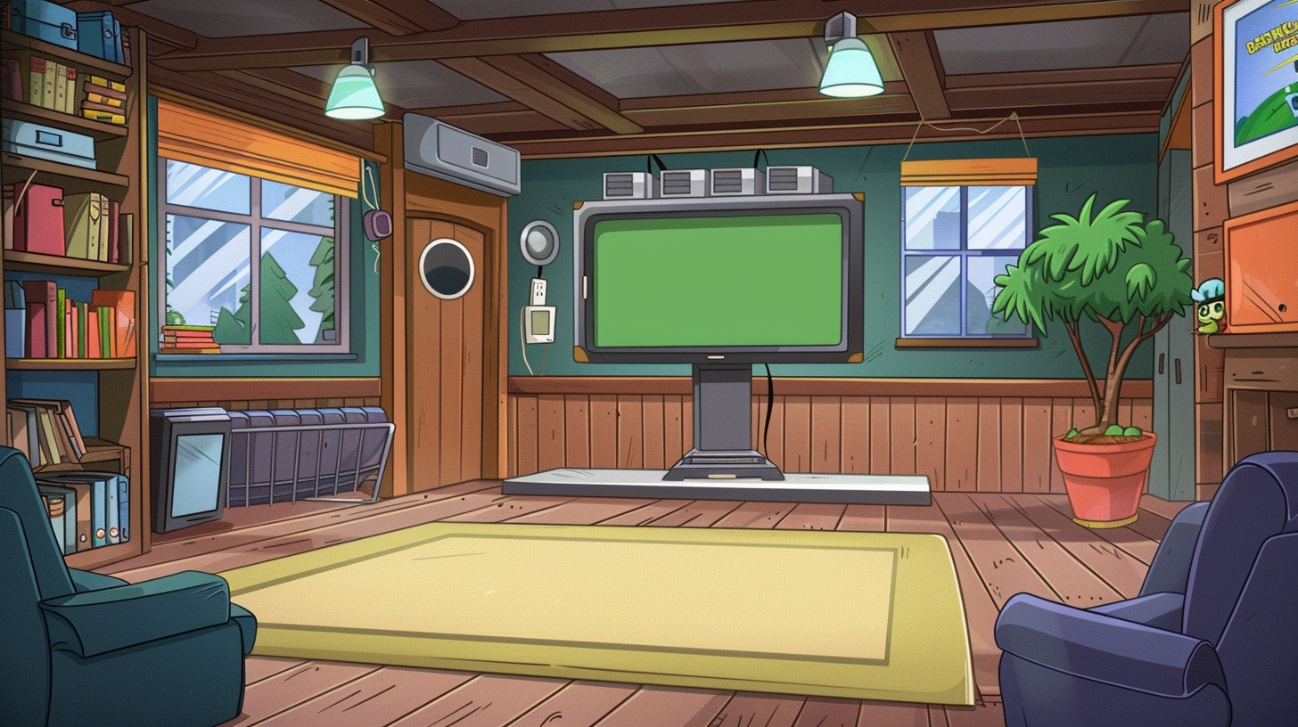 Cartoon background of ARCANE TV studio setting.