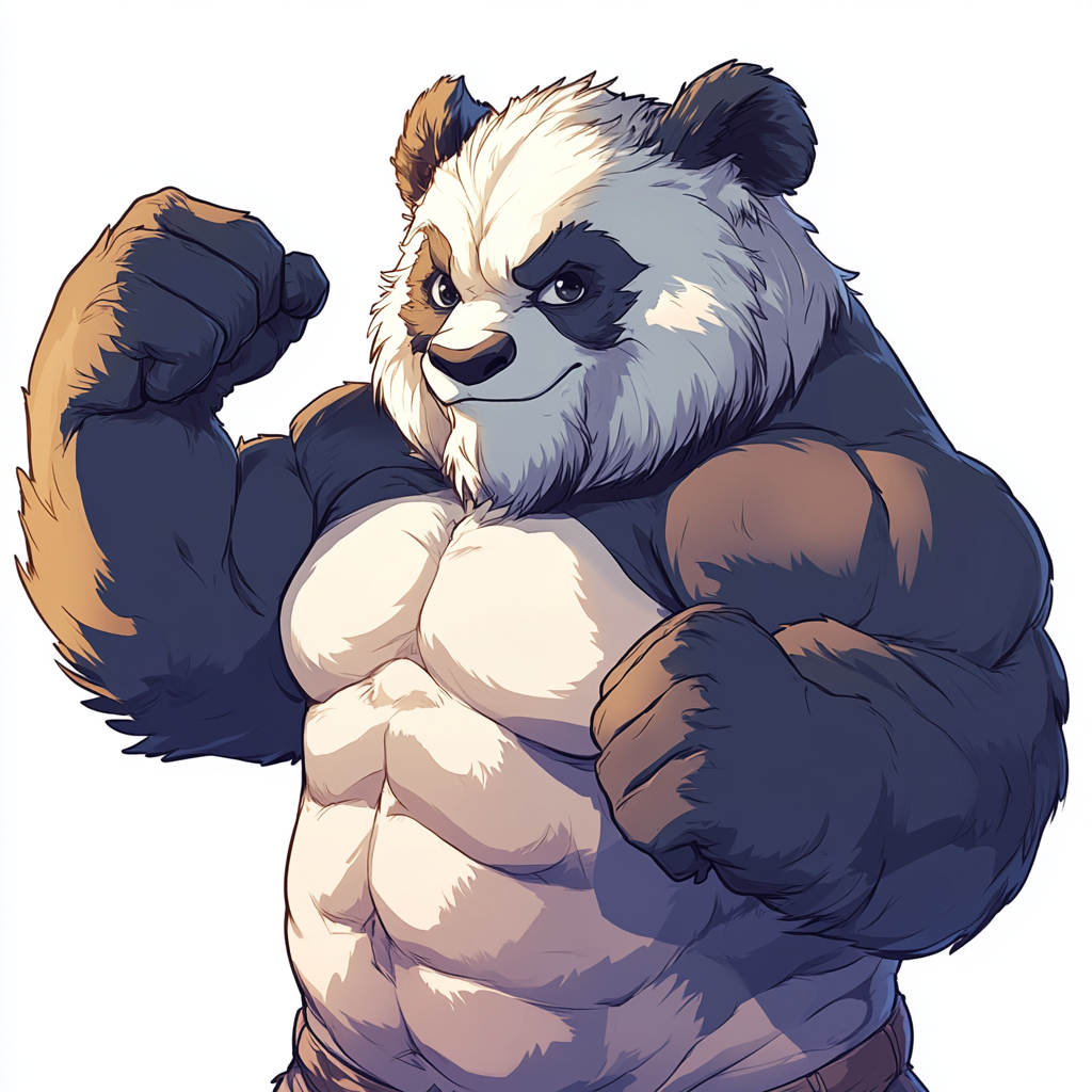 Cartoon buff Panda flexing bicep, smug look.