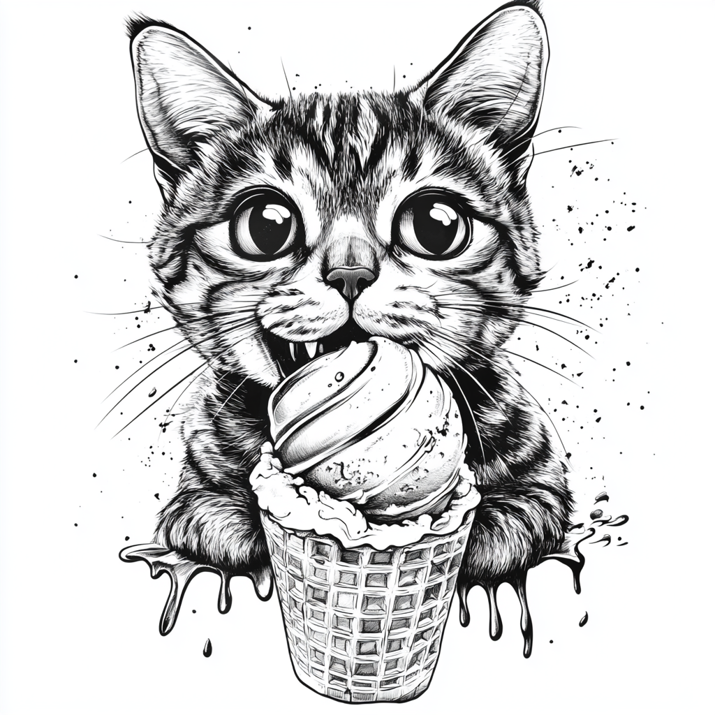 Cartoon cat eats ice cream in parlor