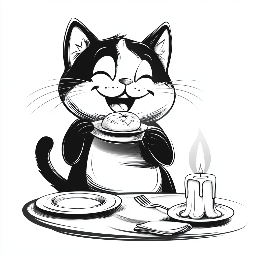 Cartoon cat enjoying noodles in fancy restaurant