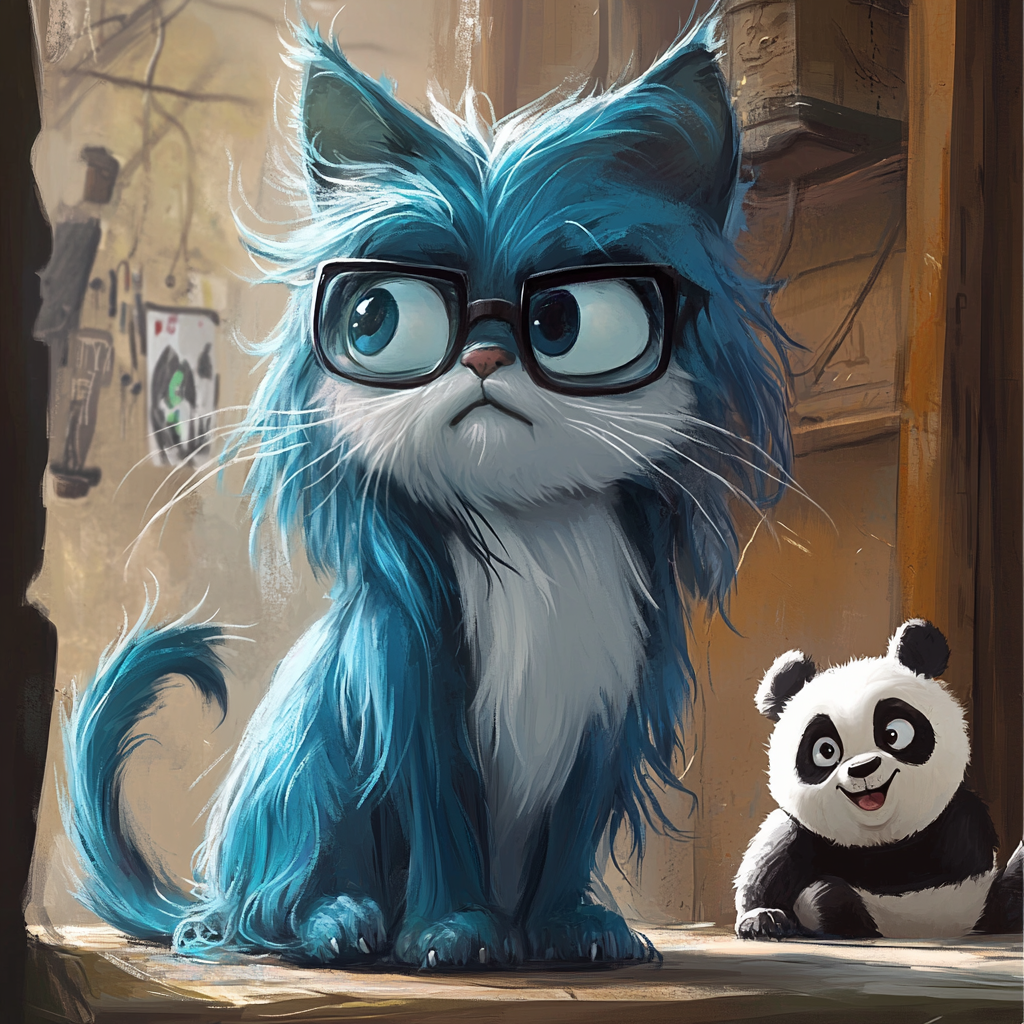 Cartoon cat with blue fur, glasses, sloth, panda.