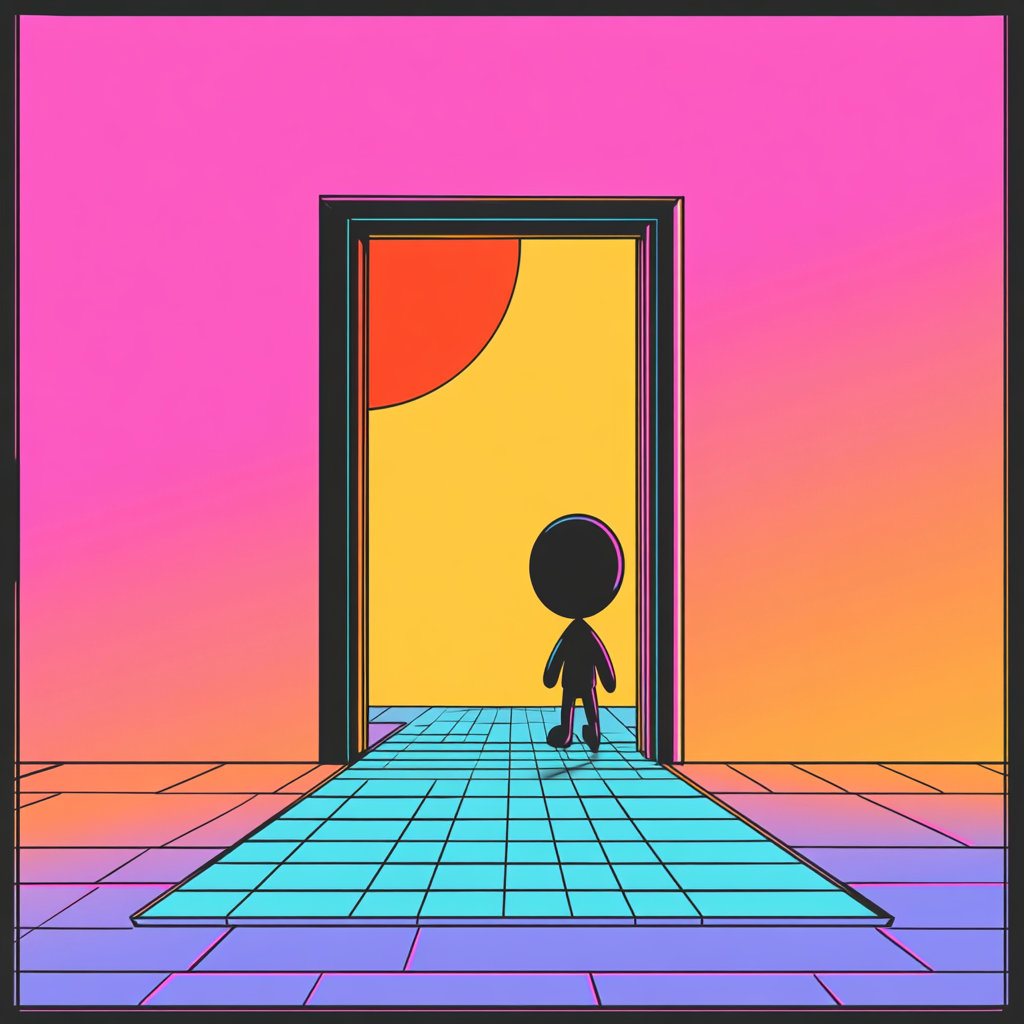 Cartoon character walks out of retro door design