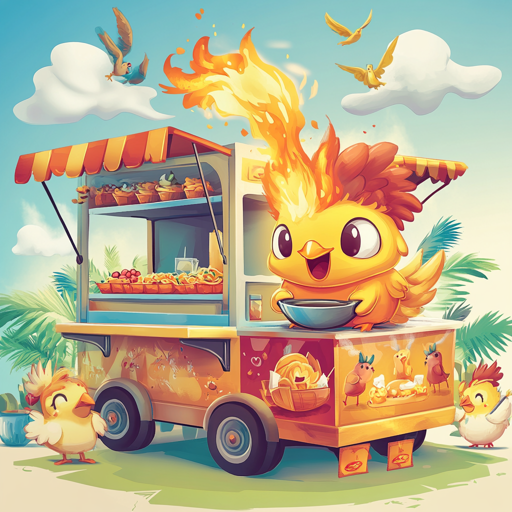 Cartoon chicken on food truck cooks for animals.