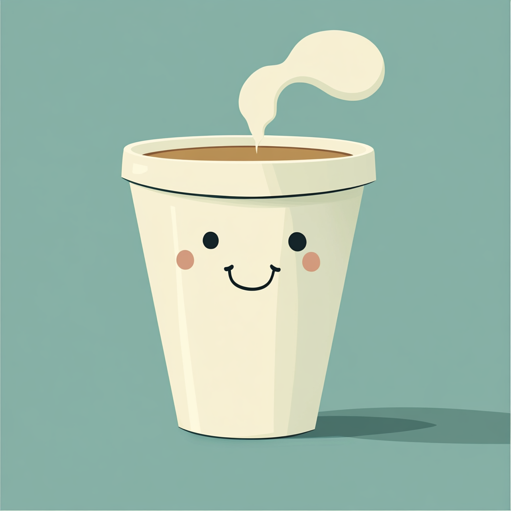 Cartoon coffee cup character with hot steam retro design.