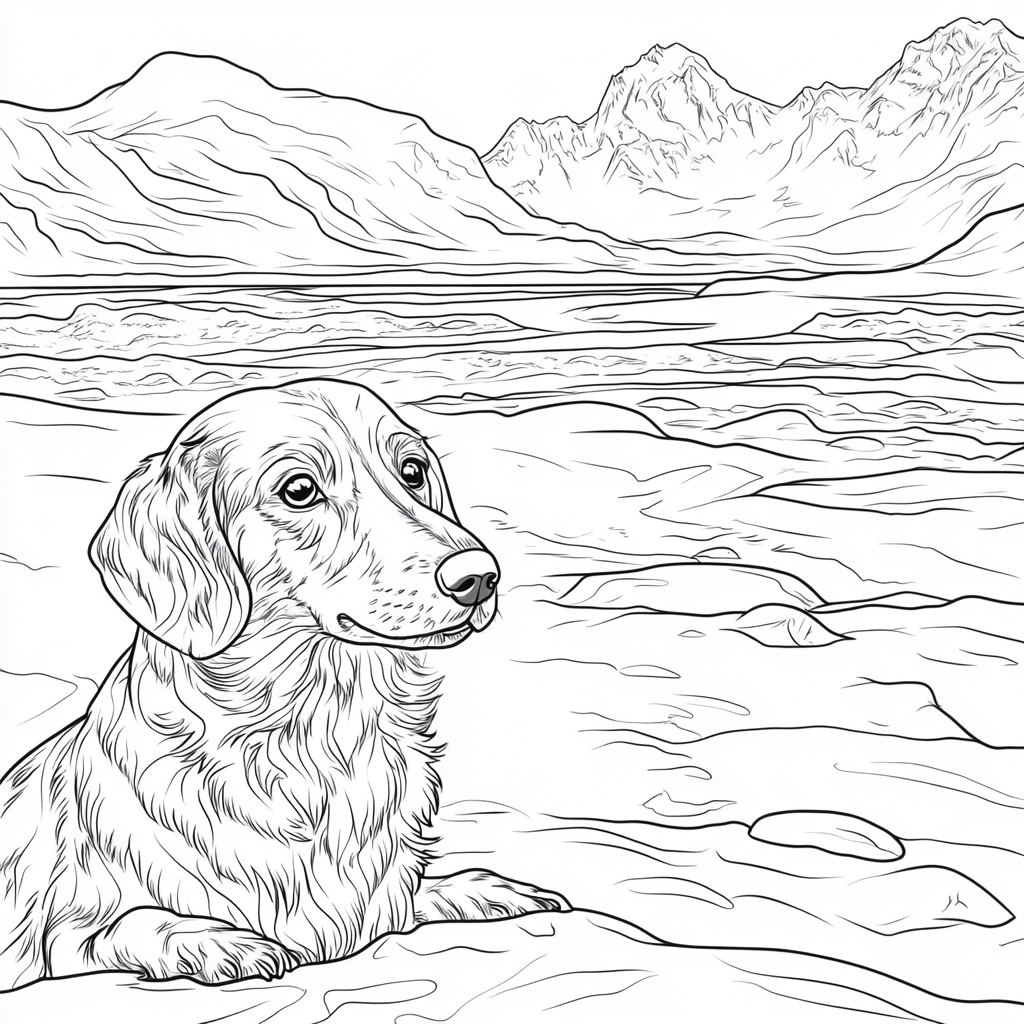 Cartoon dachshund, north pole, black and white, simple.