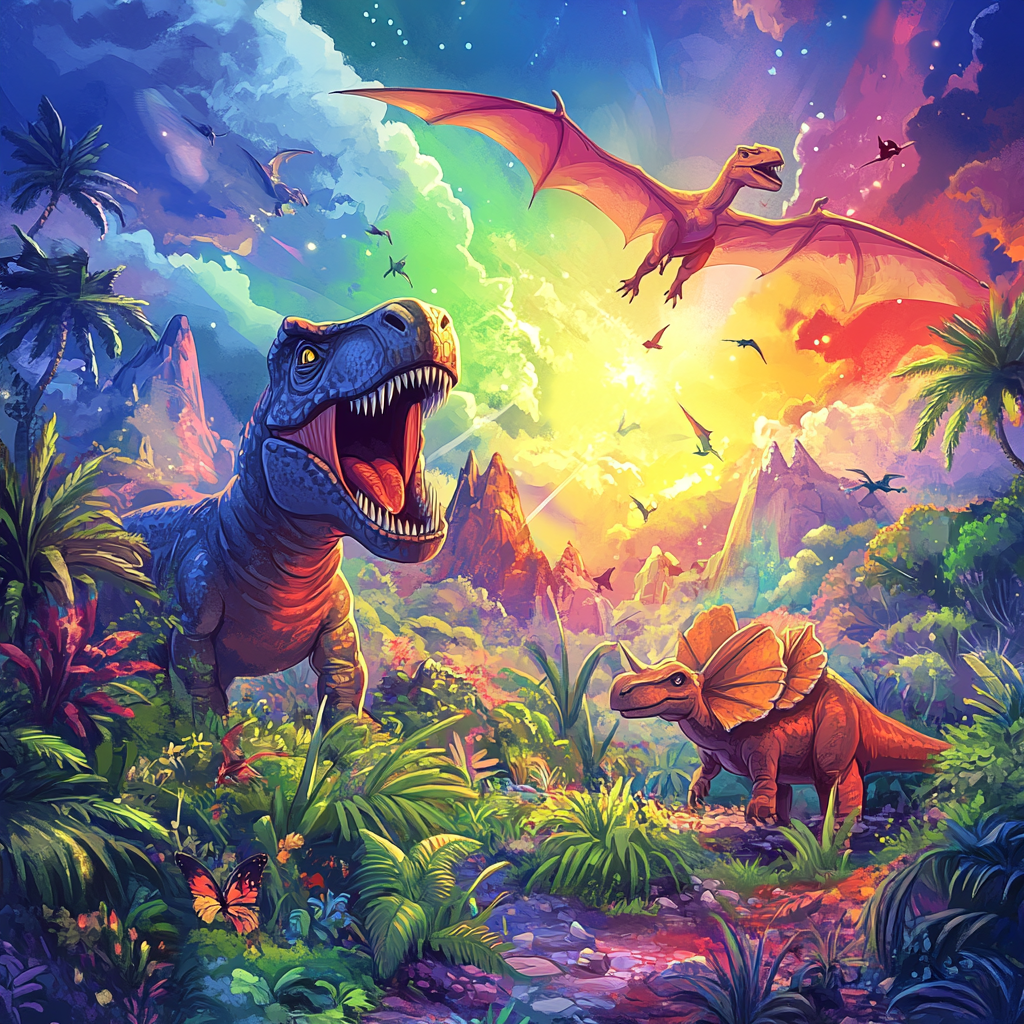 Cartoon dinosaurs in jungle: T-Rex roar, triceratops eat grass, teradactal fly.