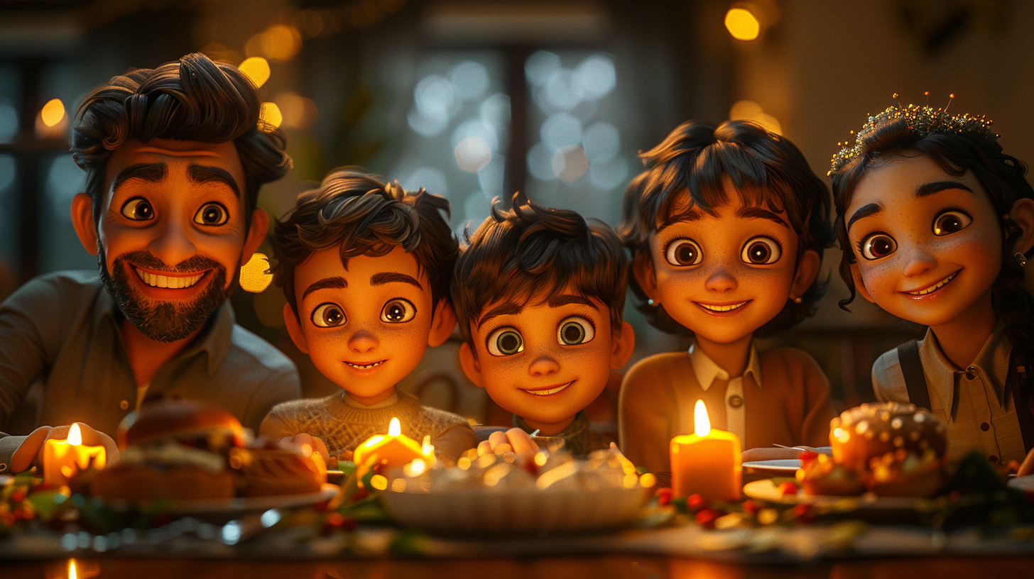 Cartoon families celebrating festive dinner together with traditions.