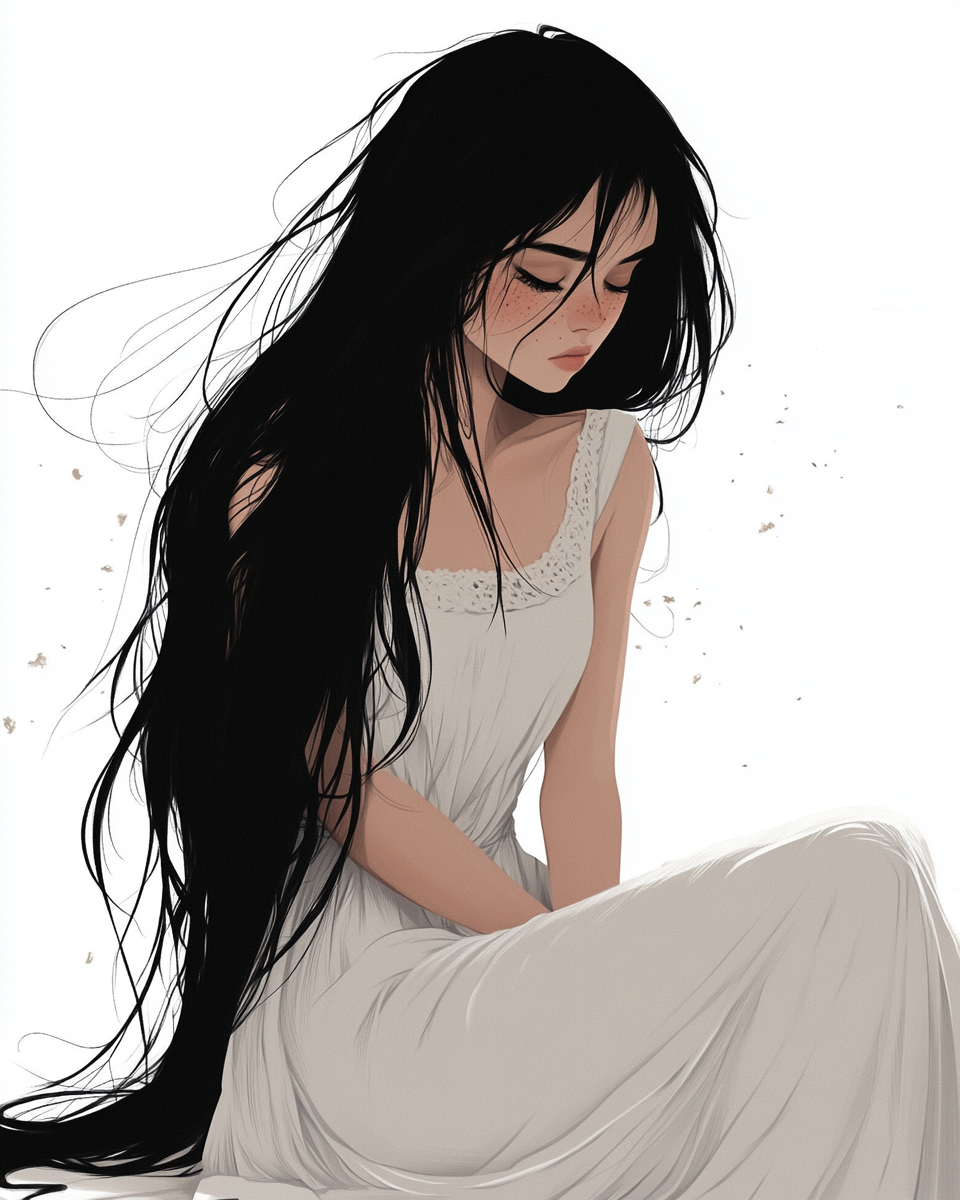 Cartoon girl in white dress with black hair.