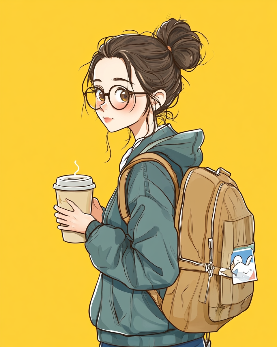 Cartoon girl with glasses, ponytail, drinking milk tea.