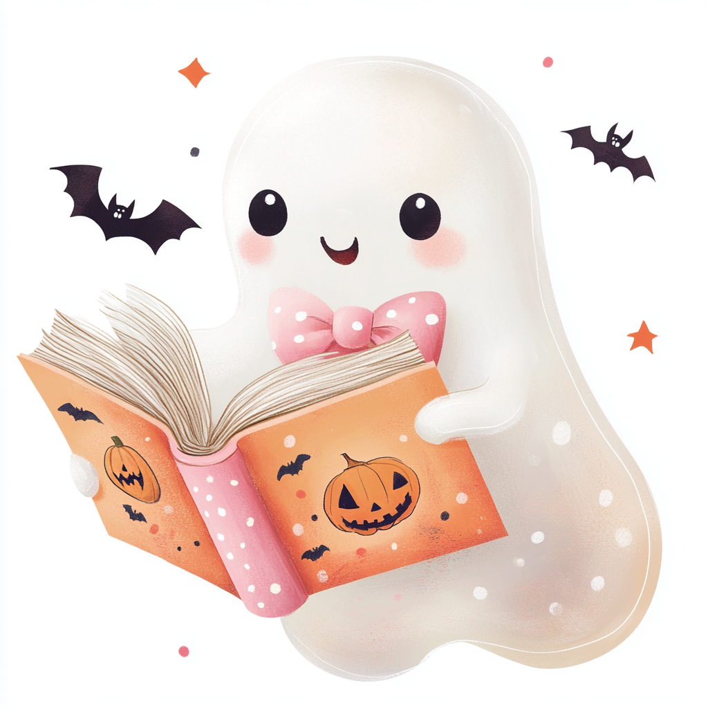 Cartoon girly ghost in pink bow, reading book.