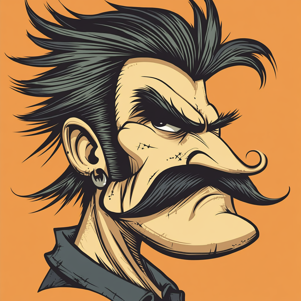 Cartoon guy with mullet mustache and spiked hair