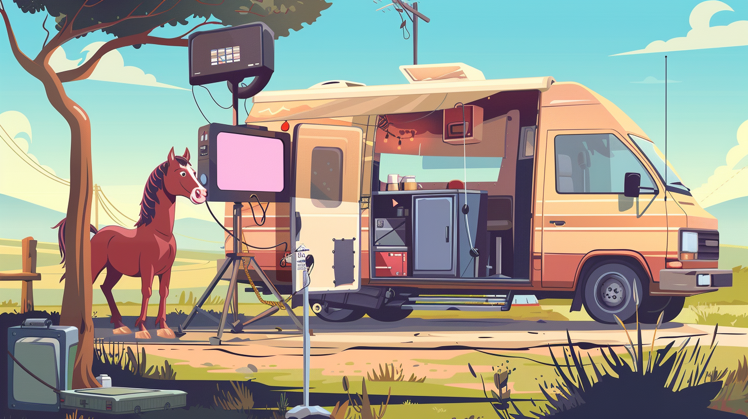 Cartoon horse beside TV production van studio.