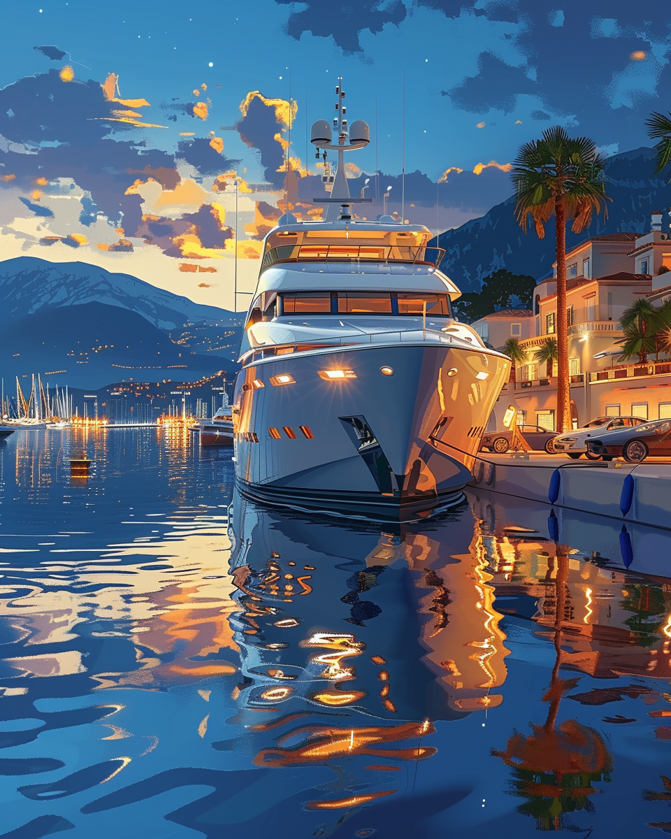 Cartoon illustration of a white yacht in a marina.