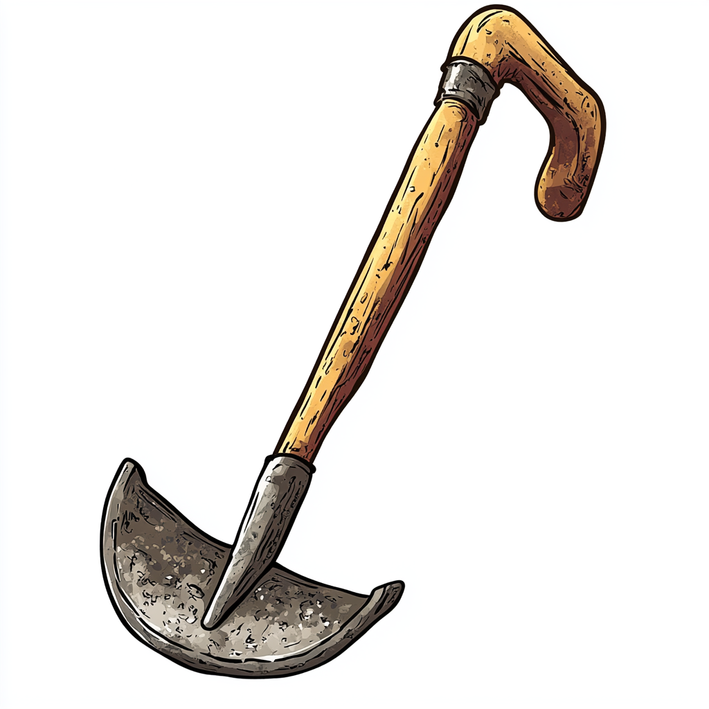 Cartoon image of small garden hoe with hook shape.