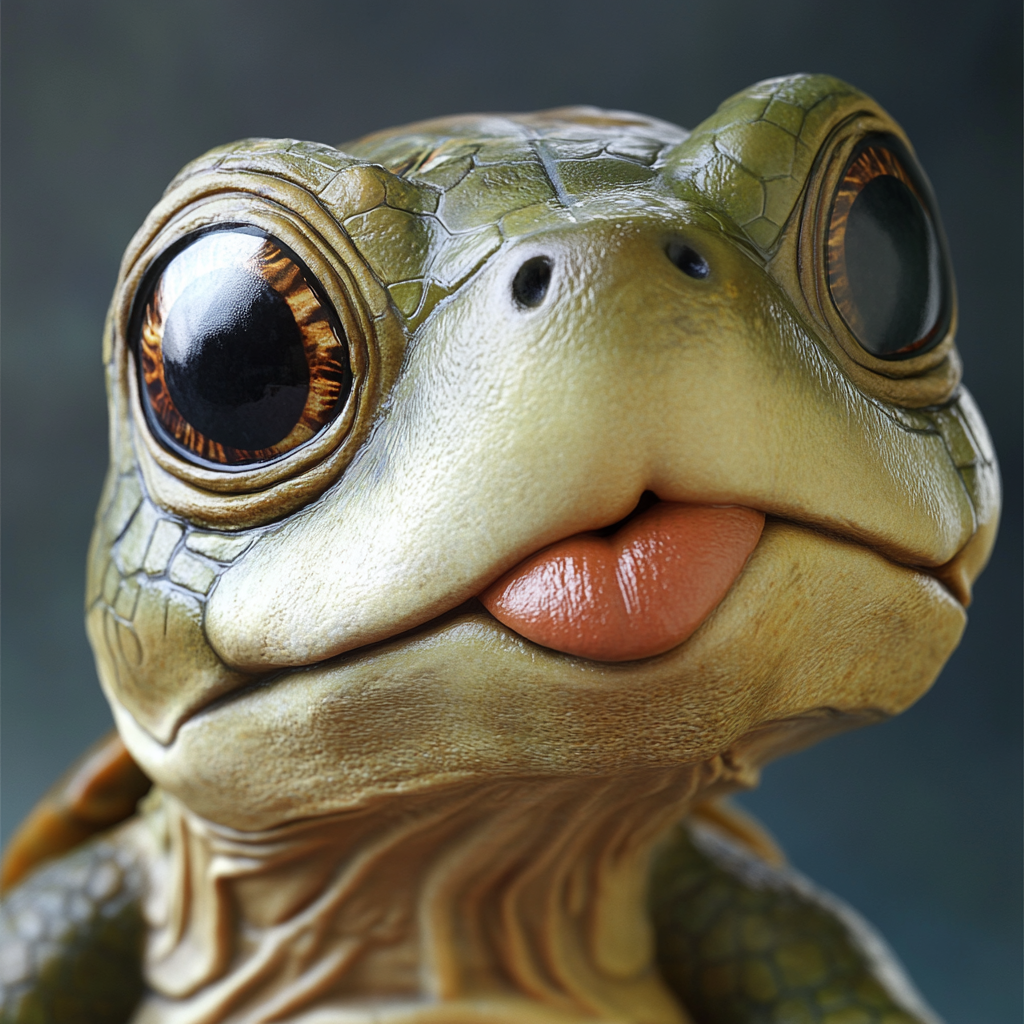 Cartoon image of turtle kissing with lopsided lips.