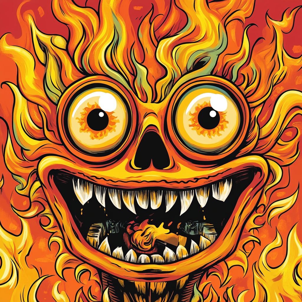 Cartoon label with anthropomorphic face surrounded by flames.