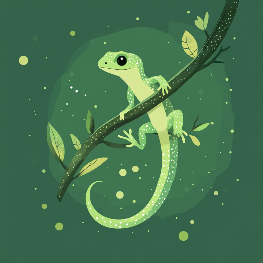 Cartoon lizard climbing branch with small elements on green background.