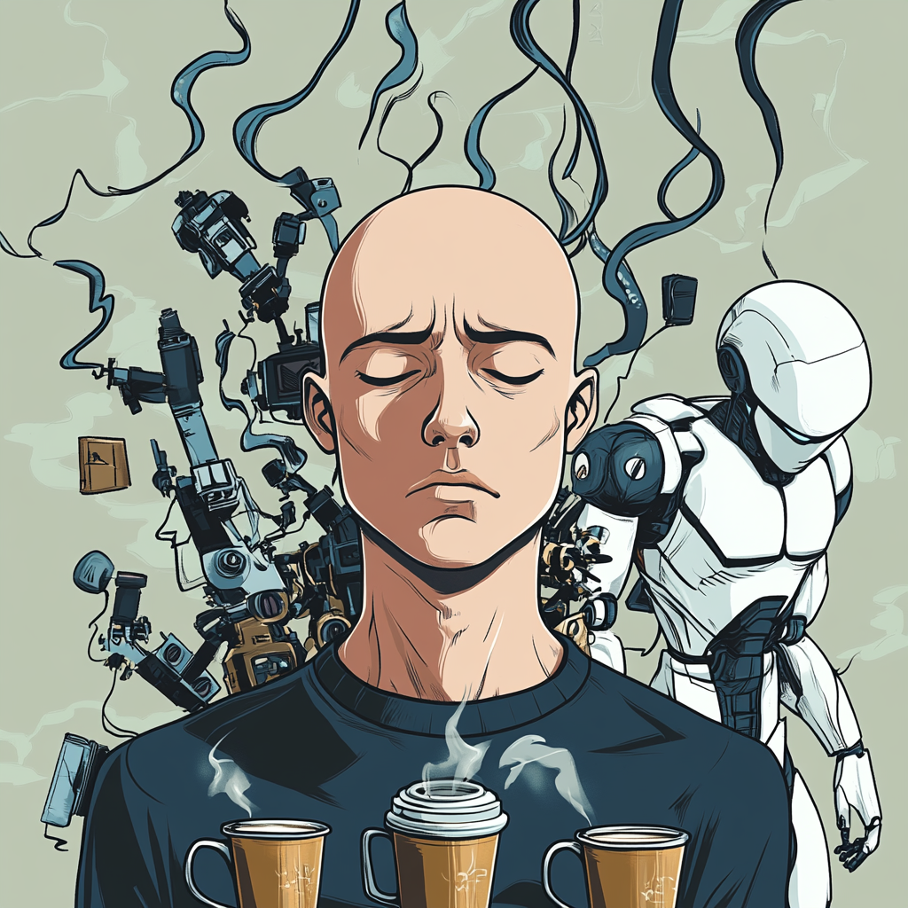 Cartoon of tired man surrounded by coffee and energetic robot