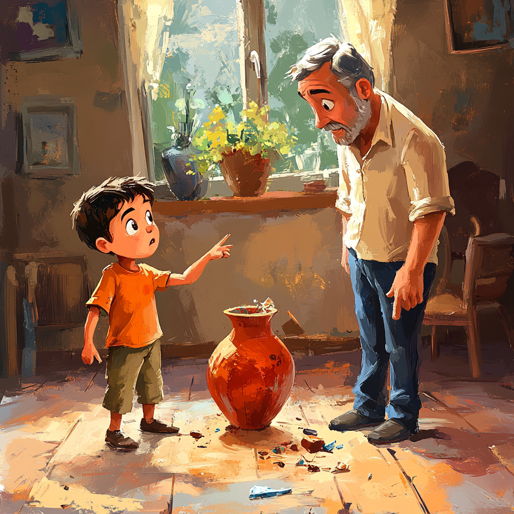 Cartoon painting of Romanian boy pointing to broken vase.