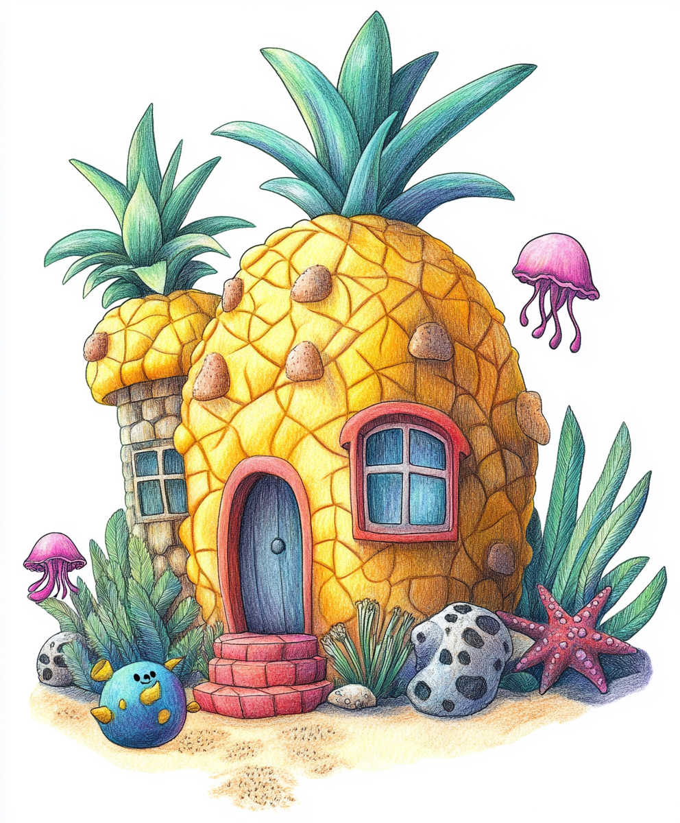 Cartoon pineapple house with starfish, jellyfish, snails.