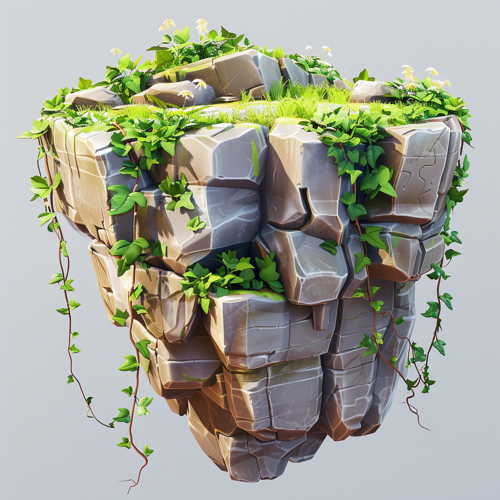 Cartoon rocky cliff with grass and vines.