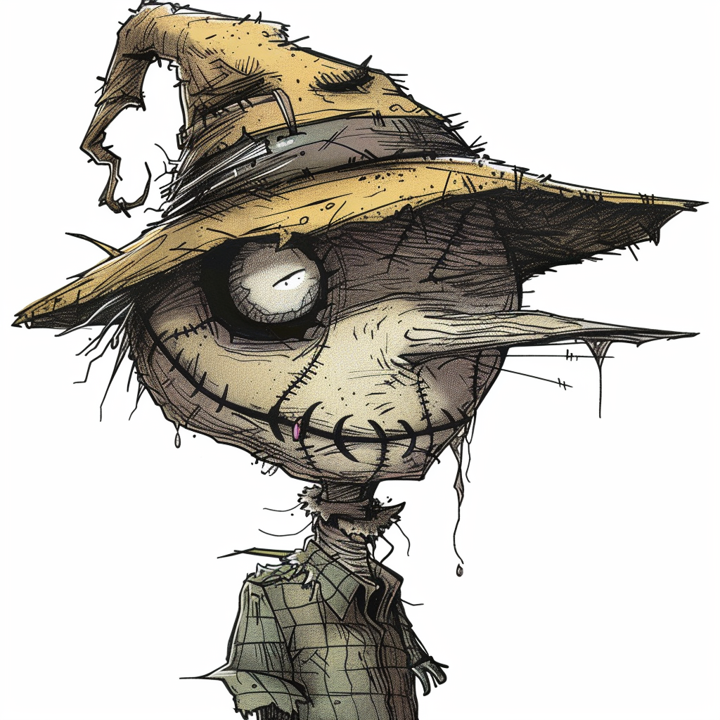 Cartoon scarecrow with thick lines, drooling, looks drunk.