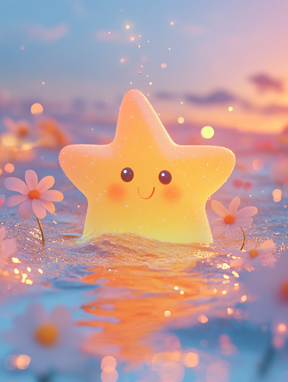 Cartoon star shape with water, flower elements in sky.