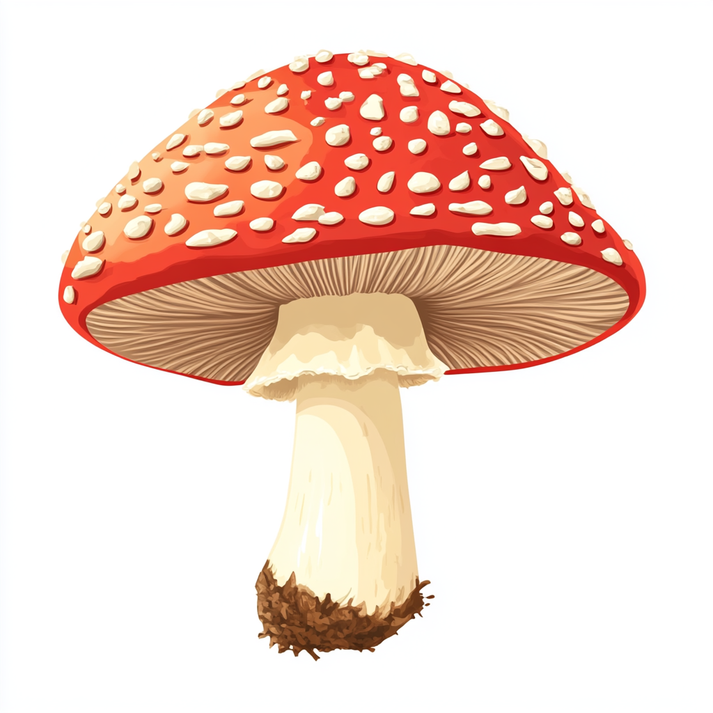 Cartoon style Amanita muscaria mushroom on white background