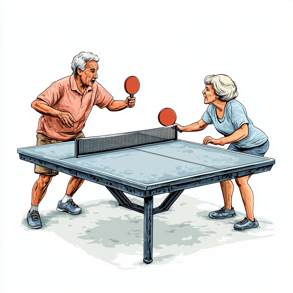 Cartoon-style Couple Playing Intense Ping Pong Together