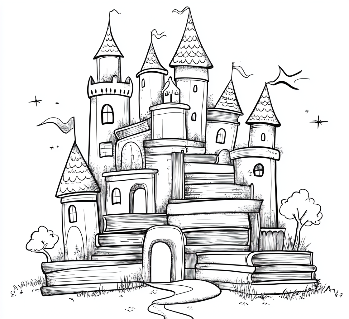 Cartoon style coloring page of fantasy castle from books.