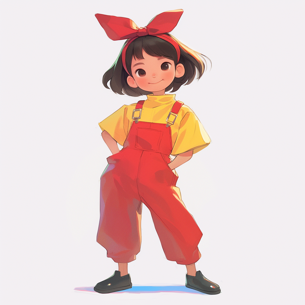 Cartoon-style confident girl with red ribbons and cheerful pose.