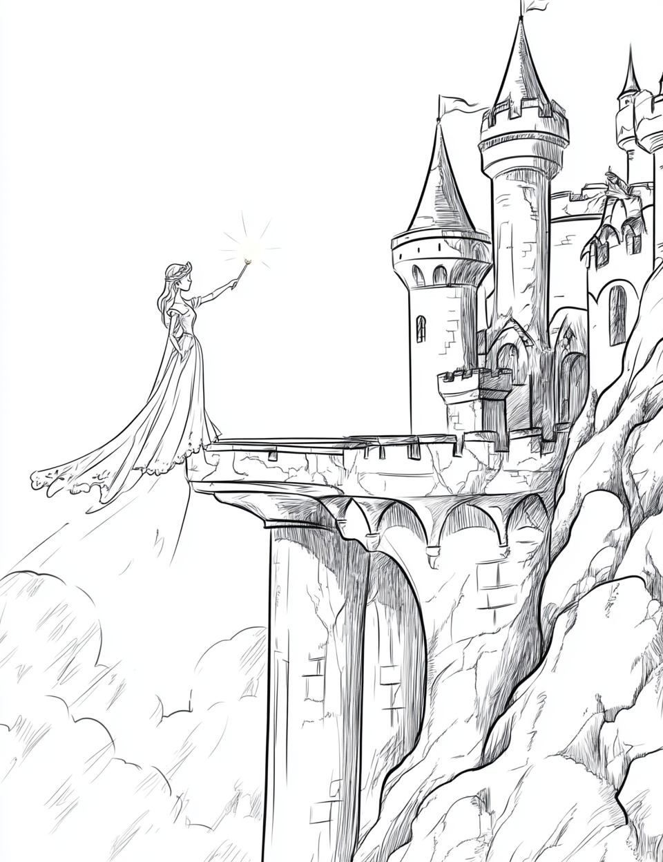 Cartoon-style princess with magic wand on castle balcony