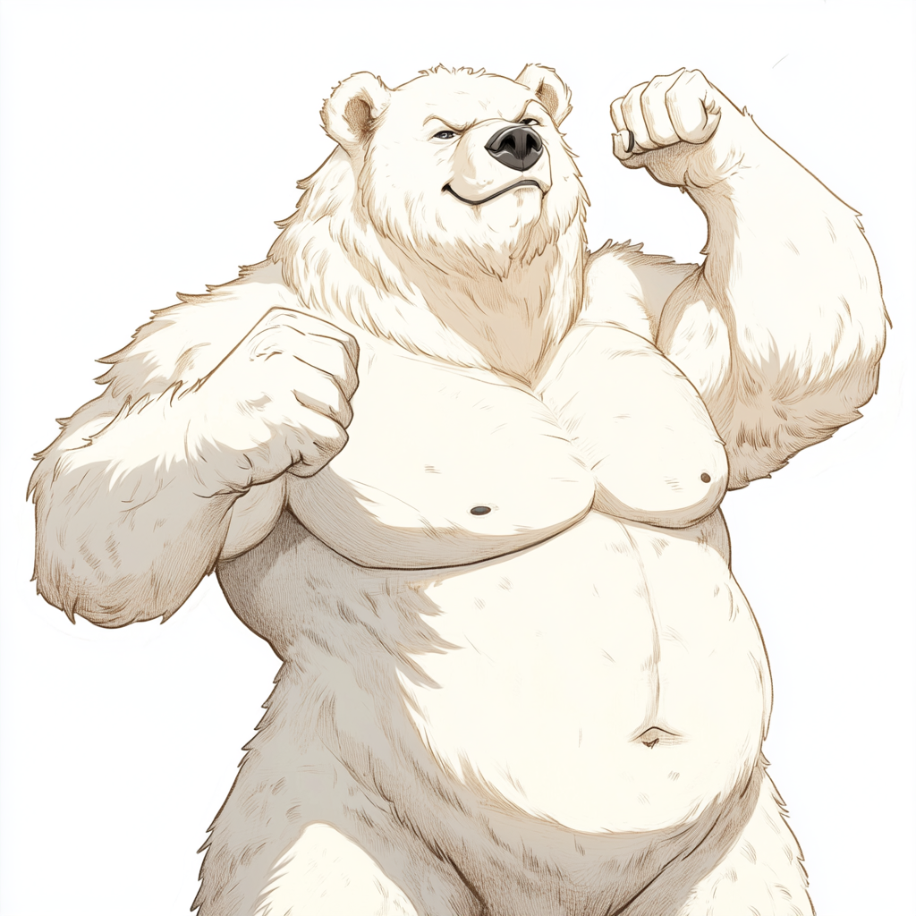 Cartoon white bear flexing bicep with smug expression