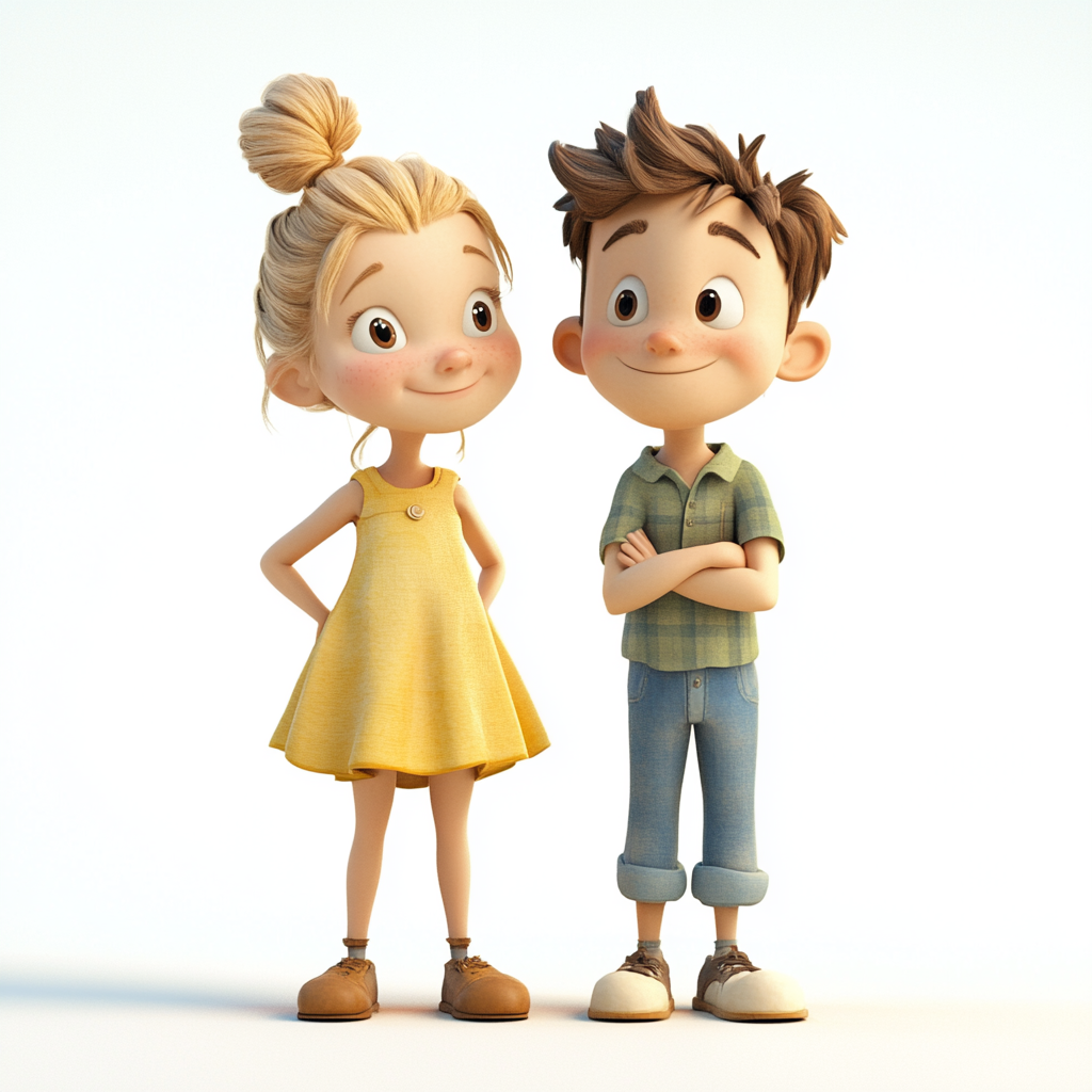Cartoony Kids Standing Together, Watercolor Spring Colors