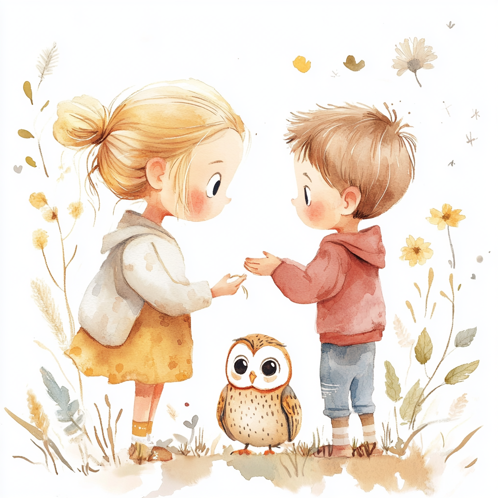 Cartoony Kids with Owl at Sunset in Watercolour