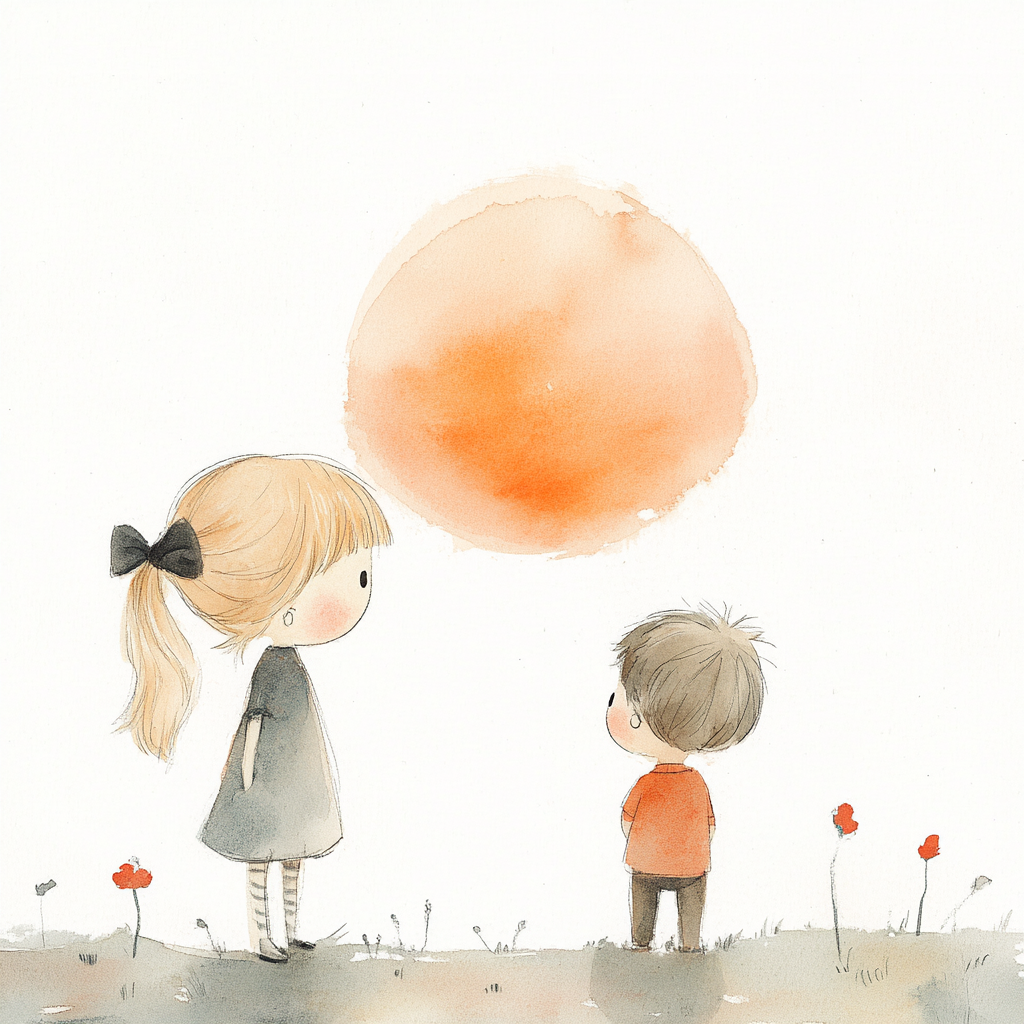 Cartoony Sunset Characters: Girl, Boy, Jon Klassen Style