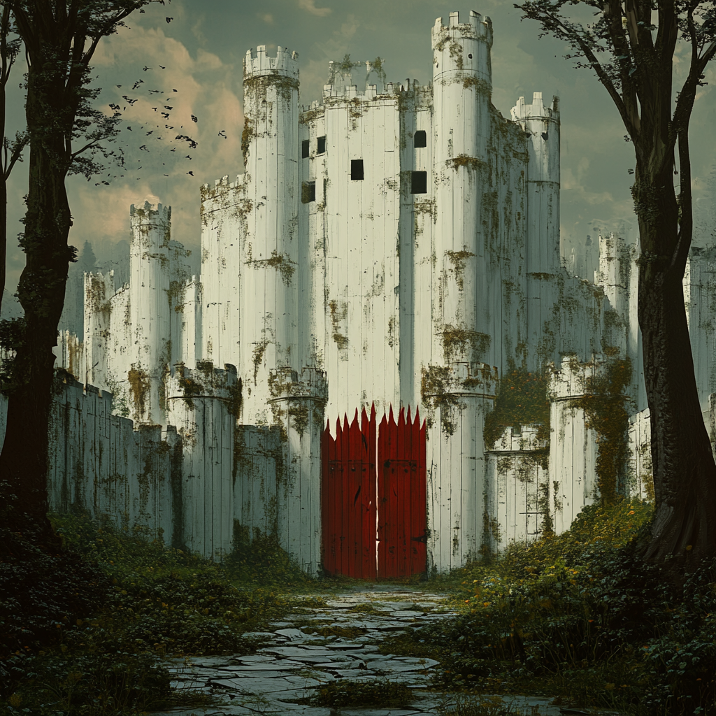 Castle made of white planks, red gate, forest background.