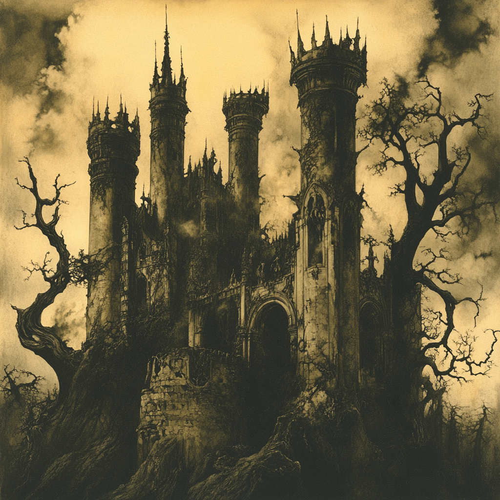 Castle of darkness with trees, towers, Gothic elements