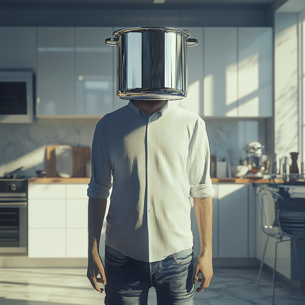 Casual person with pot for a head in kitchen.