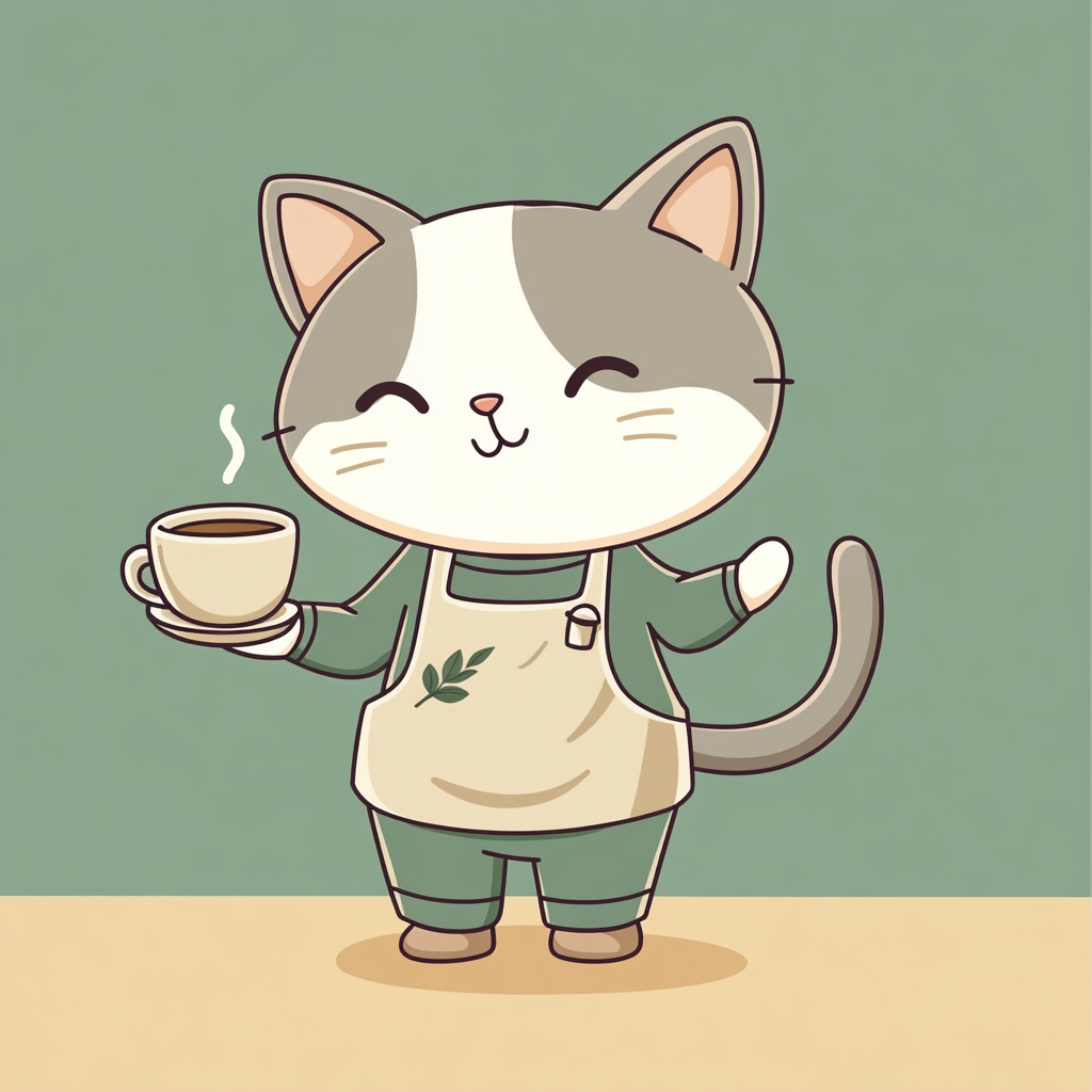 Cat Barista in Tea Leaves Pattern Pose