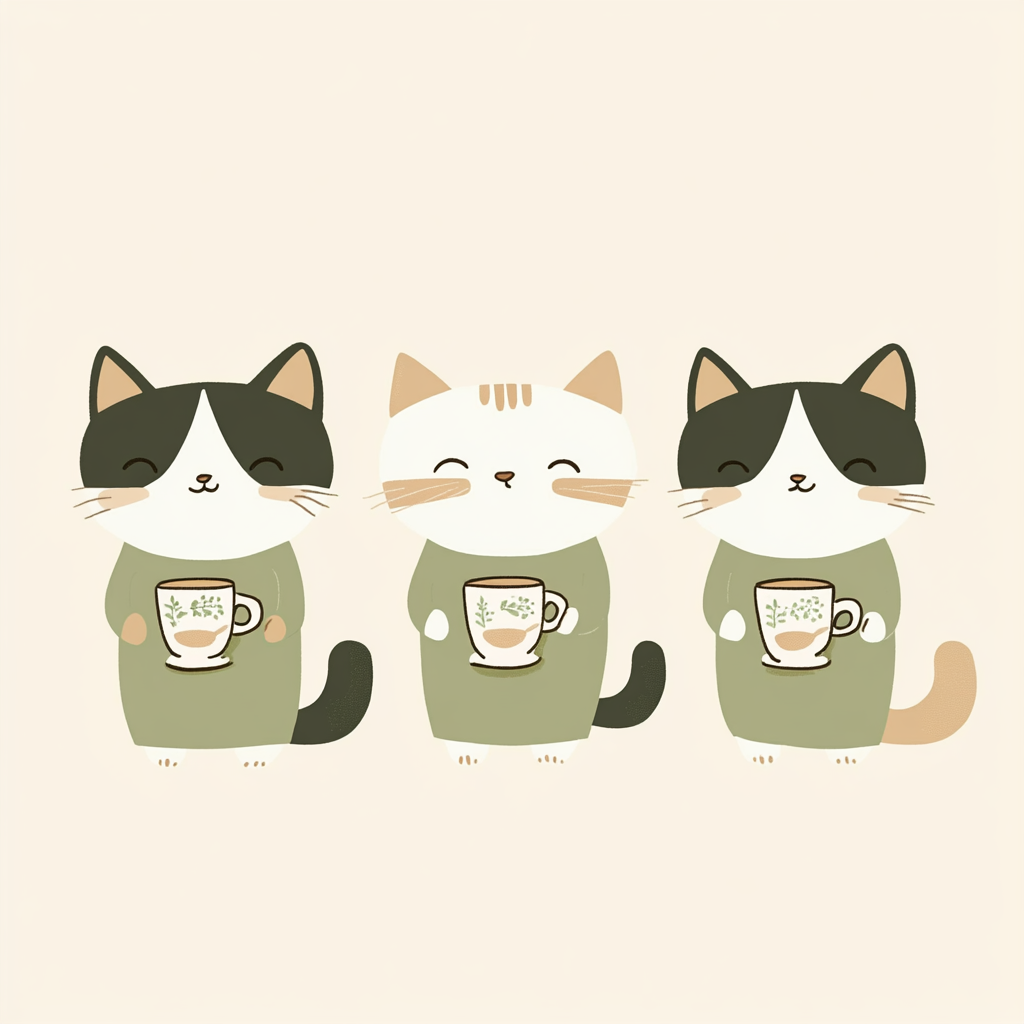 Cat Barista with Tea Pattern in 3 Poses