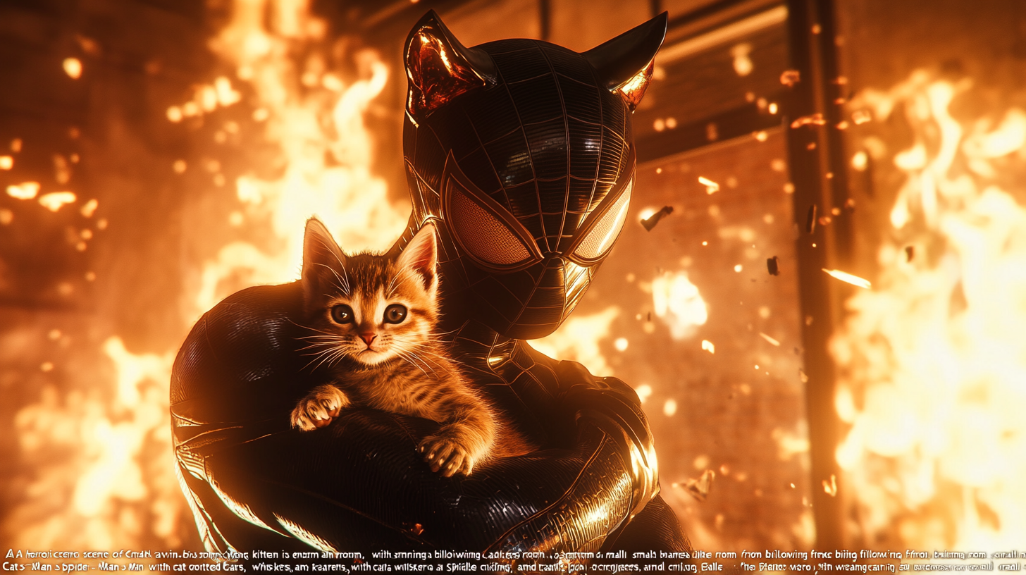 Cat Spider-Man saves kitten from burning room dramatically.