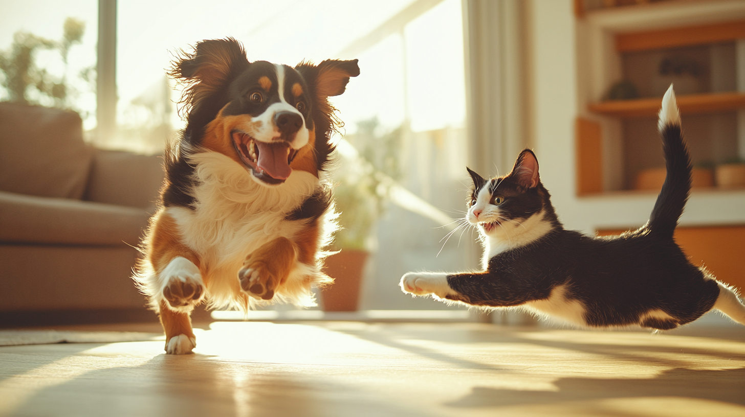 Cat and Dog Playing in Living Room