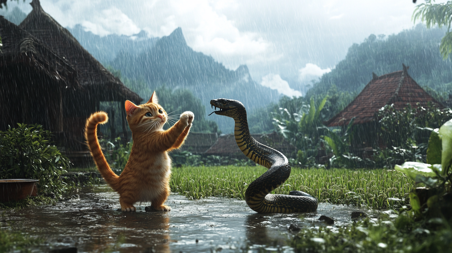 Cat and cobra dance in Javanese village under rain.