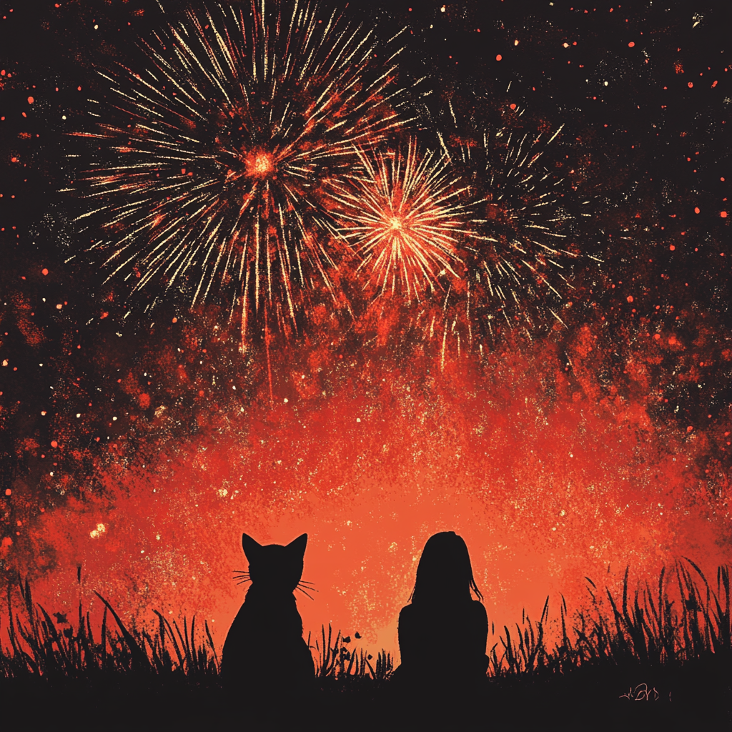 Cat and woman look at fireworks on night sky.