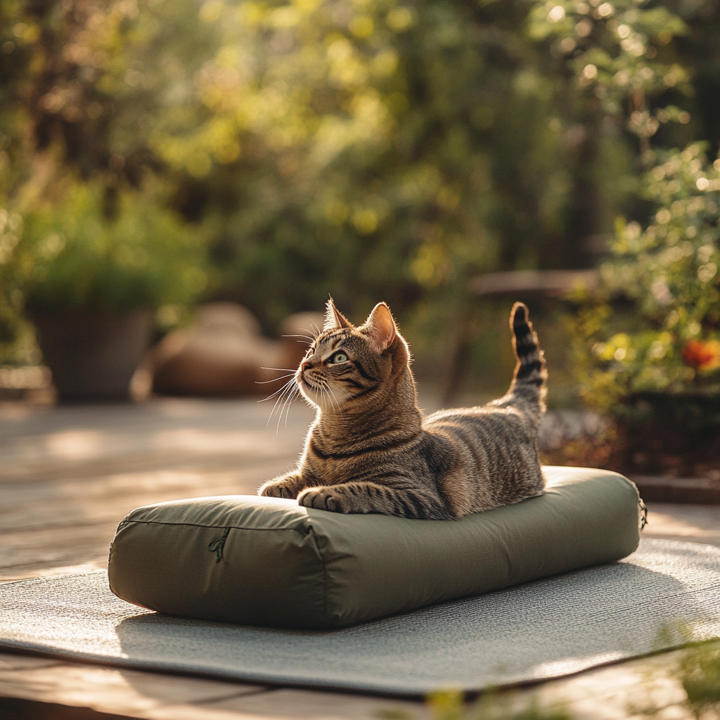 Cat doing yoga on Alo Yoga bag outdoors.