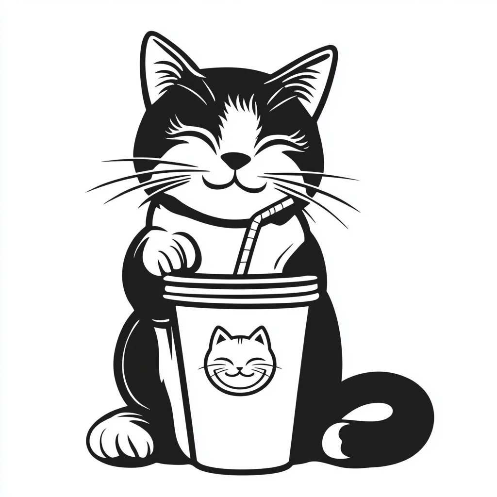 Cat enjoys latte with logo cup, smiling