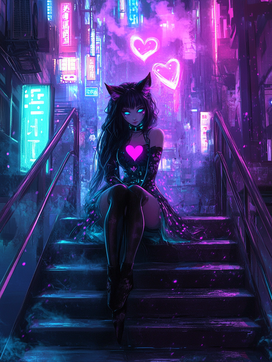 Cat girl in cyberpunk city with heart-shaped neon.