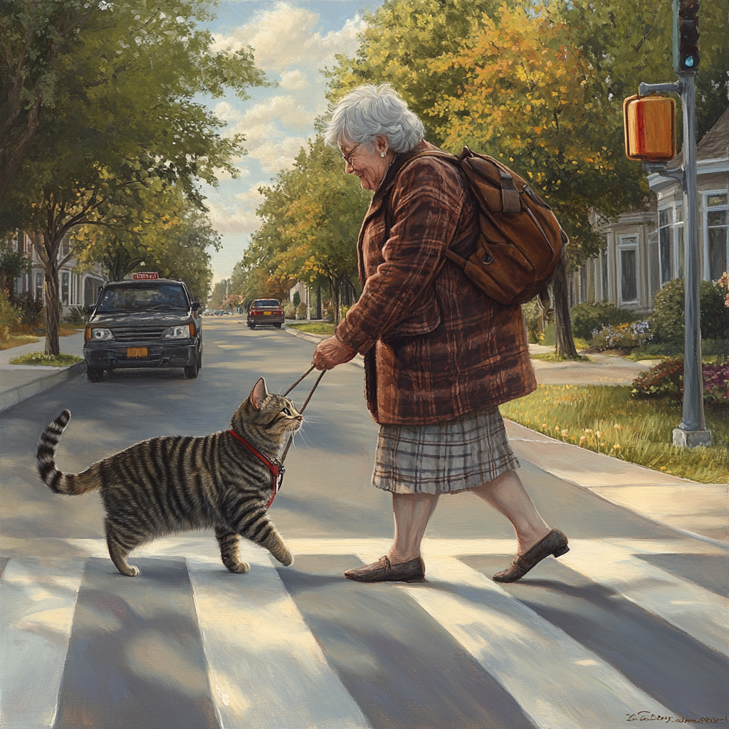 Cat helping elderly lady cross street with care.