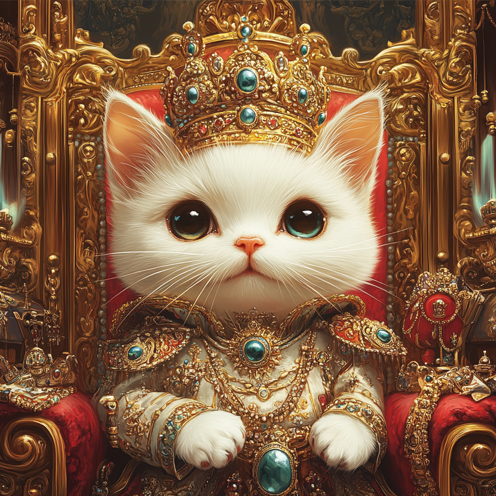 Cat king in luxurious crown, robe, throne room.